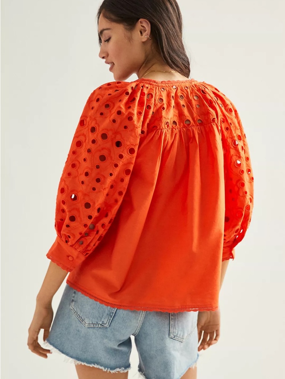 Anthropologie Women’s Chantal Orange Red Eyelet Puff-Sleeve Button Blouse Small - Picture 2 of 12